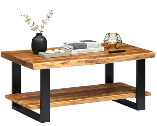 solid wood coffee table in warm minimalist living room